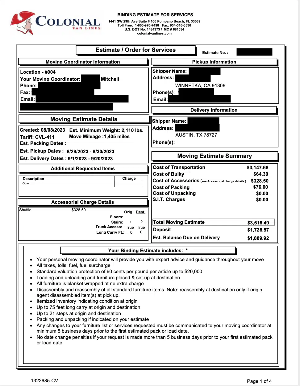 CA - TX (Colonial Van Lines)