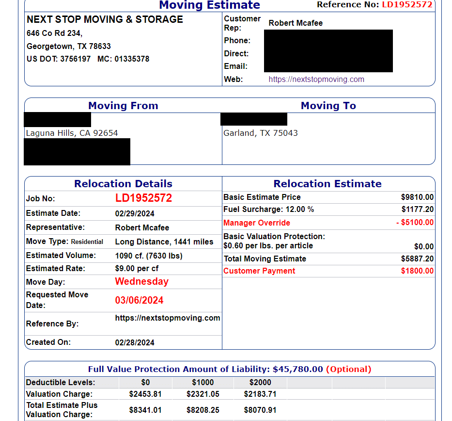 Next Stop Moving Review - Estimate