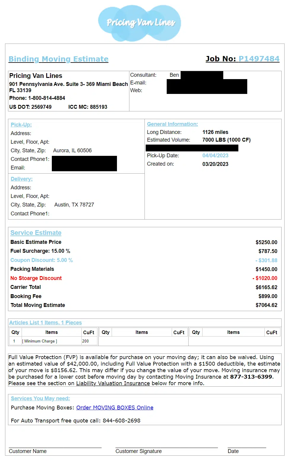 Pricing Van Lines Estimate - IL-TX